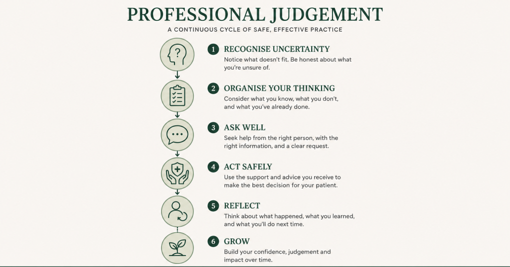 Core & Oak infographic showing the professional judgement cycle: recognise uncertainty, organise your thinking, ask well, act safely, reflect and grow.