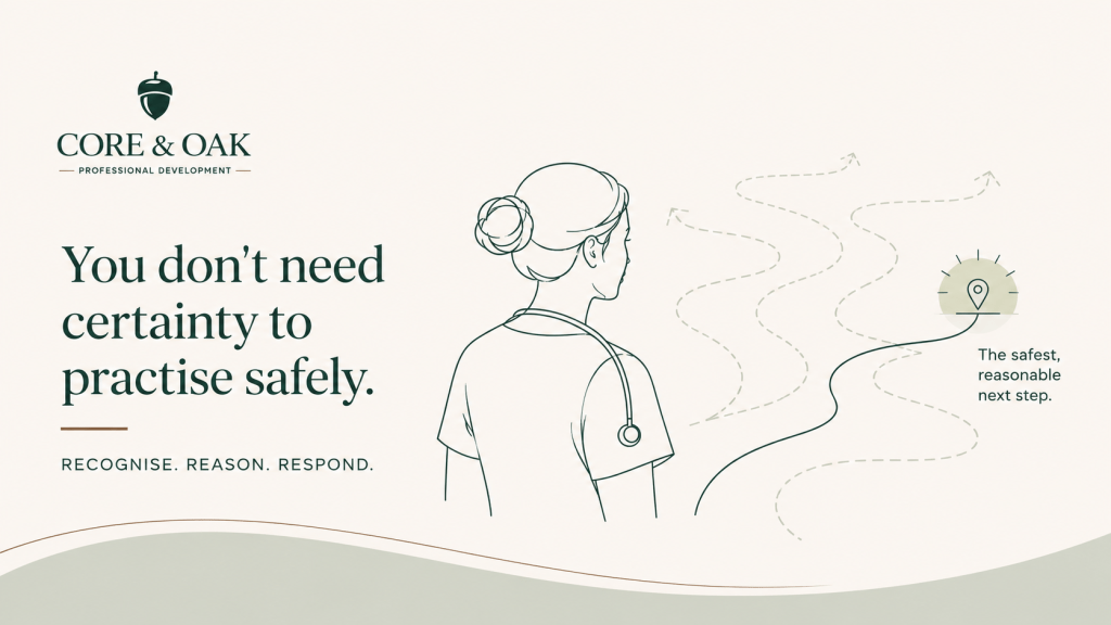 Healthcare professional considering several possible paths, illustrating that safe practice requires professional judgement rather than complete certainty.