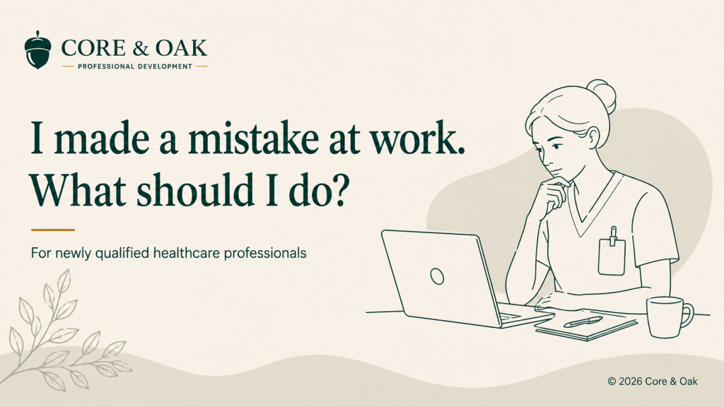 Newly qualified healthcare professional reviewing a record after noticing a possible mistake at work.